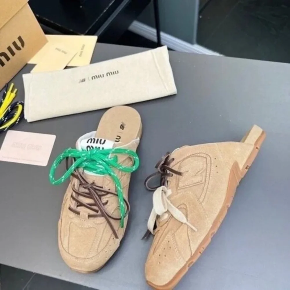 Miu Miu Beige Suede Lace-Up Mule Sneakers with Multicolor Laces